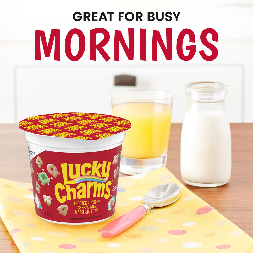 Lucky Charms pour-and-go cup with gluten-free crunch and marshmallows.