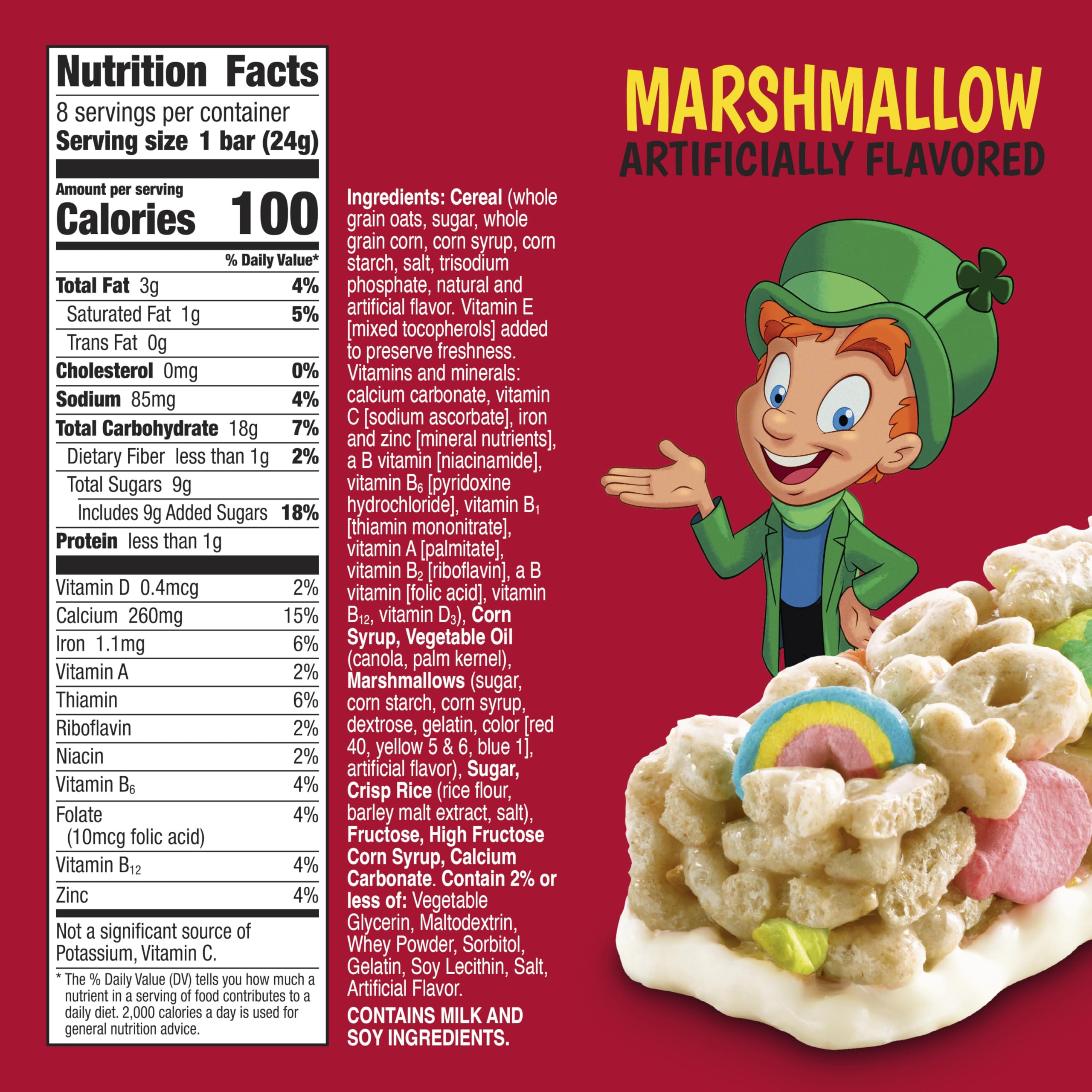 Lucky Charms Treat Bars close-up, marshmallow bits and cereal crunch showcased.