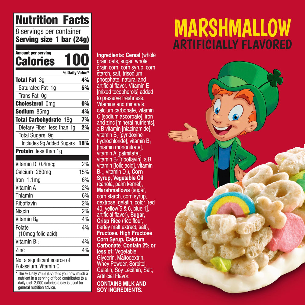 Lucky Charms Treat Bars close-up, marshmallow bits and cereal crunch showcased.