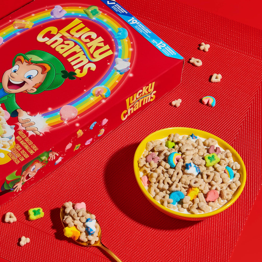 Lucky Charms cereal close-up highlighting whole grain goodness in every serving