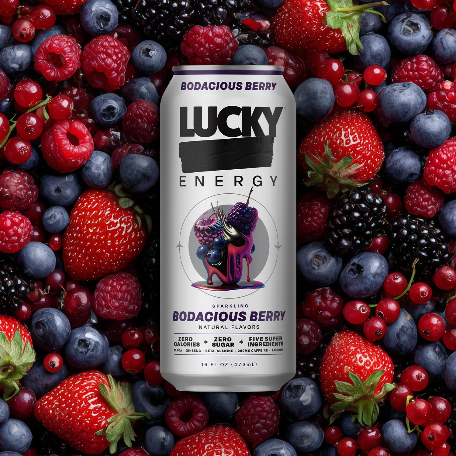 Lucky Energy Bodacious Berry 12-pack on shelf for daily fuel