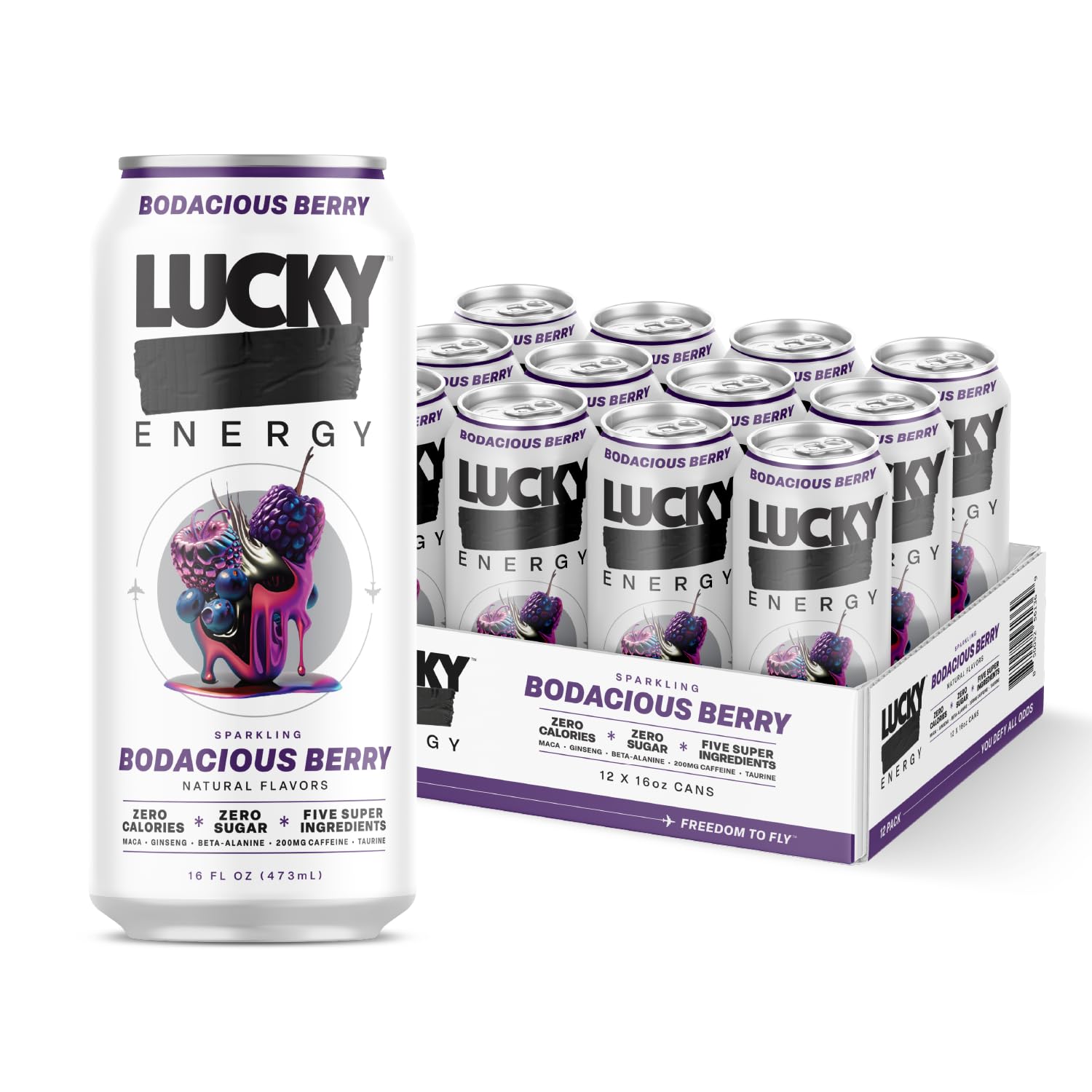 Lucky Energy Bodacious Berry can front view highlighting bold design and energy benefits