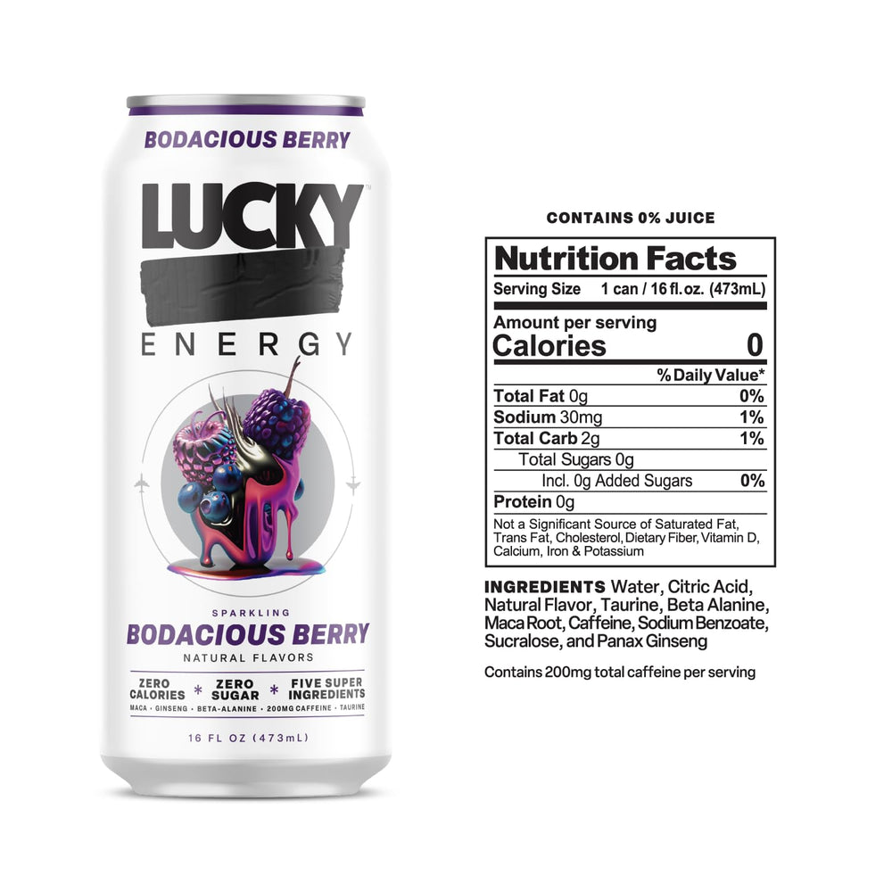 Lucky Energy Bodacious Berry can side panel showing zero sugar and caffeine content