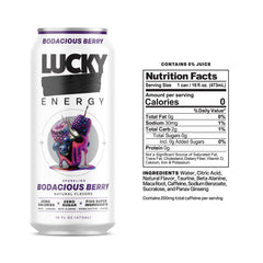 Lucky Energy Bodacious Berry can side panel showing zero sugar and caffeine content