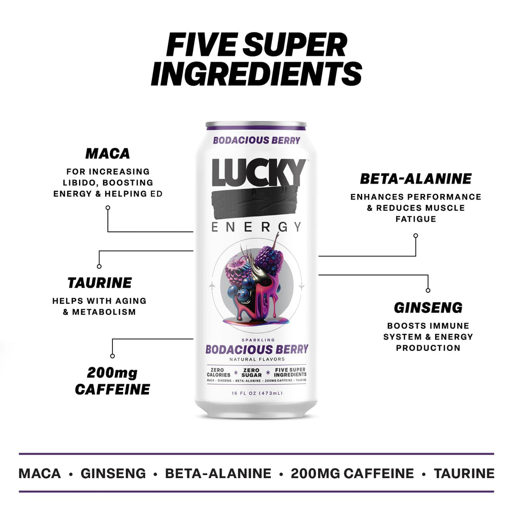 Lucky Energy Bodacious Berry label close-up with maca and ginseng emphasis