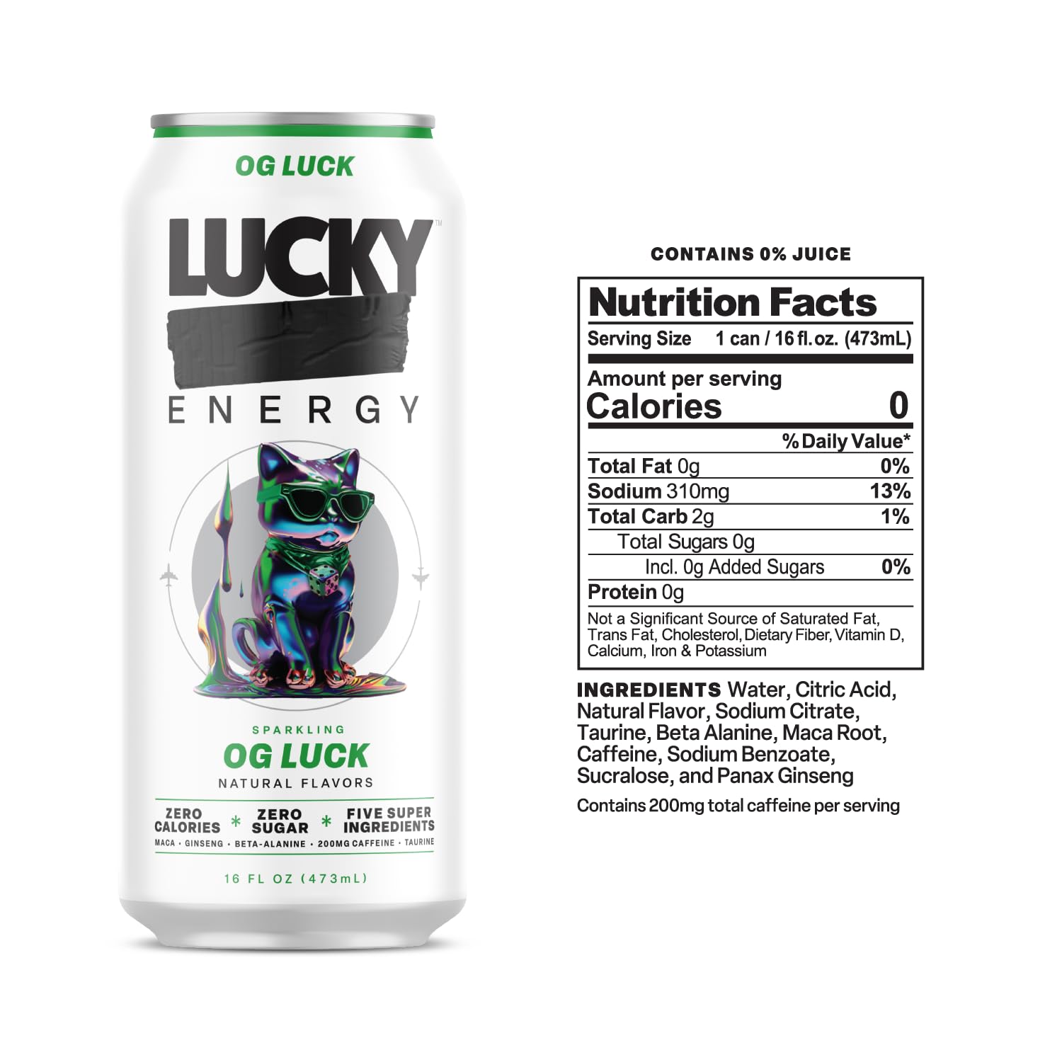 Lucky Energy OG Luck can side view emphasizes zero sugar and zero calories
