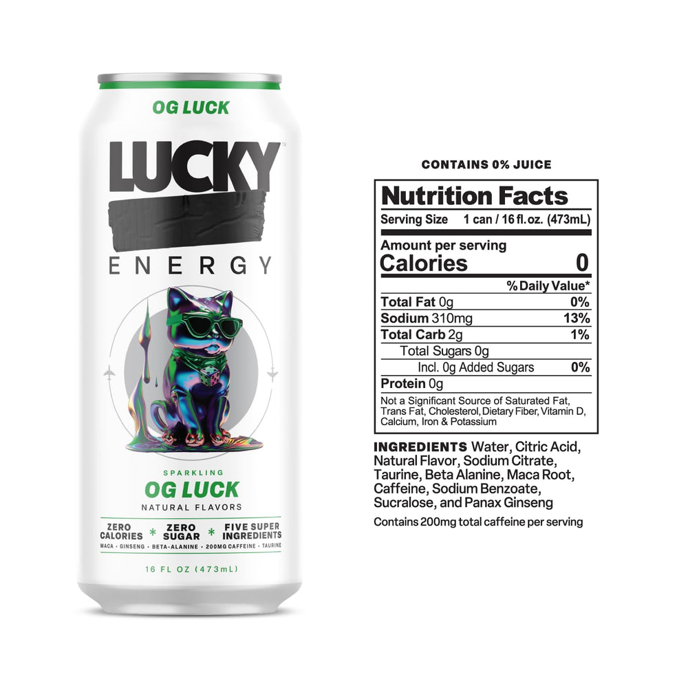 Lucky Energy OG Luck can side view emphasizes zero sugar and zero calories