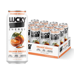 Lucky Energy Orange Drizzle can, front view, boosts caffeine for workouts.