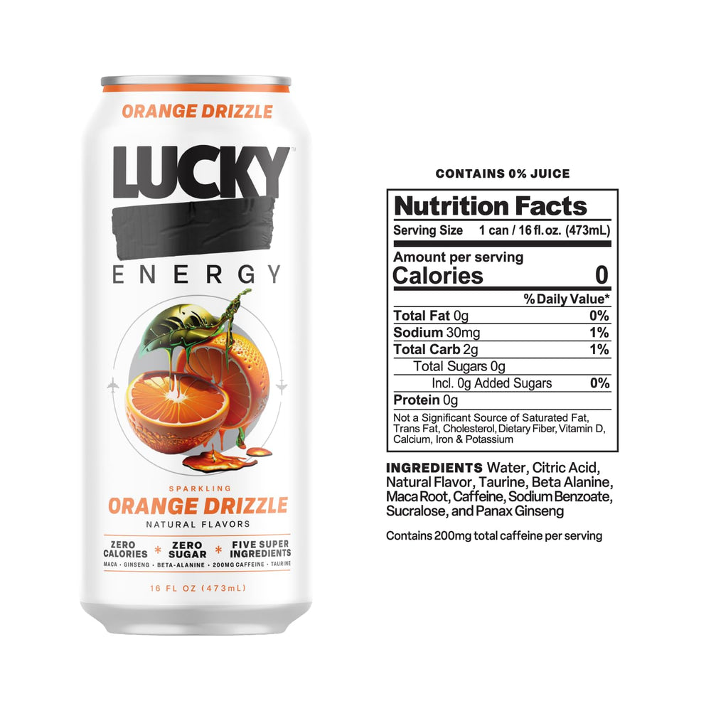 Lucky Energy Orange Drizzle can side profile highlighting zero sugar.