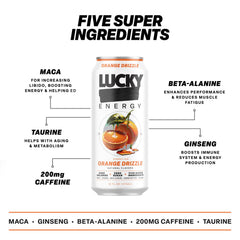Lucky Energy Orange Drizzle label close-up showing maca and ginseng ingredients.