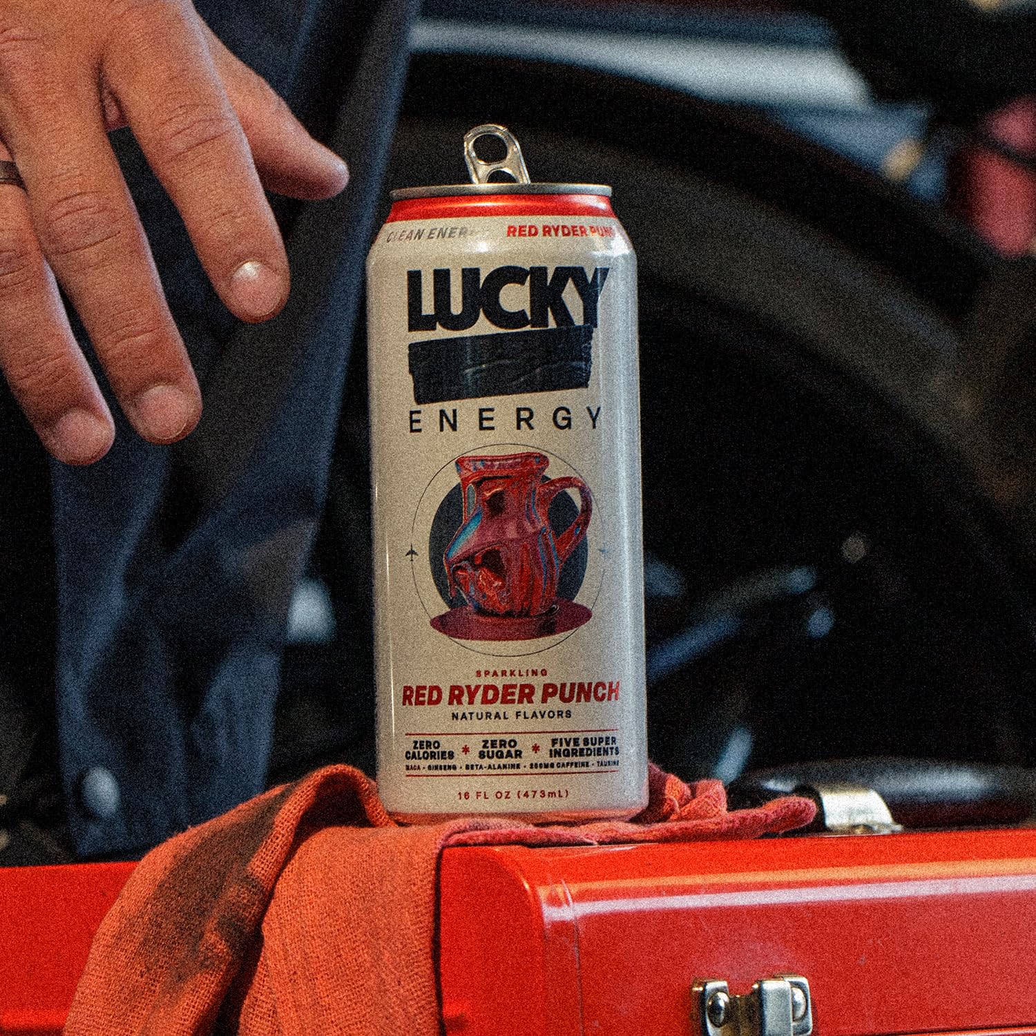 Lucky Energy Red Ryder Punch branding emphasizes bold energy benefits.