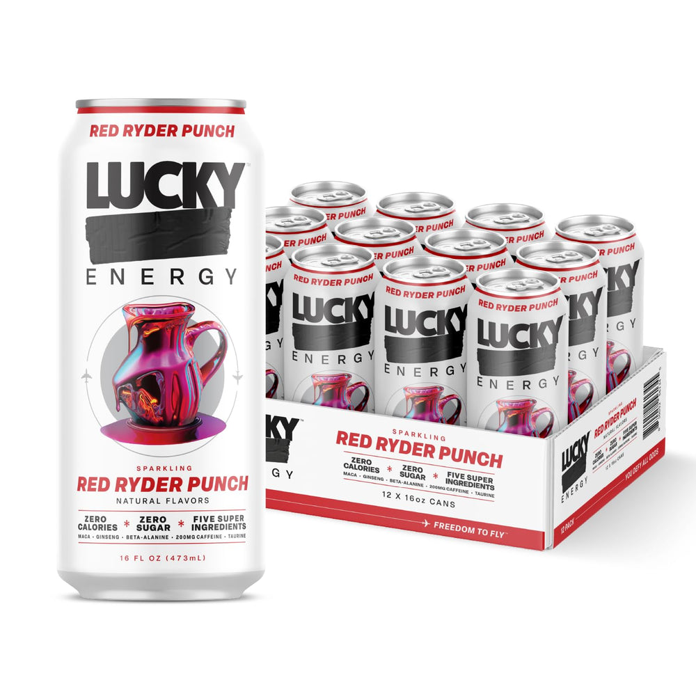 Lucky Energy Red Ryder Punch can front view highlighting zero sugar energy for busy days.