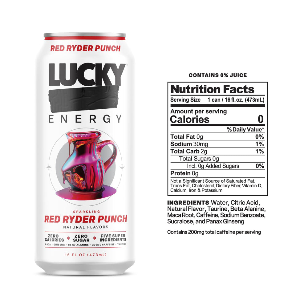 Lucky Energy Red Ryder Punch can side label shows maca and ginseng benefits.