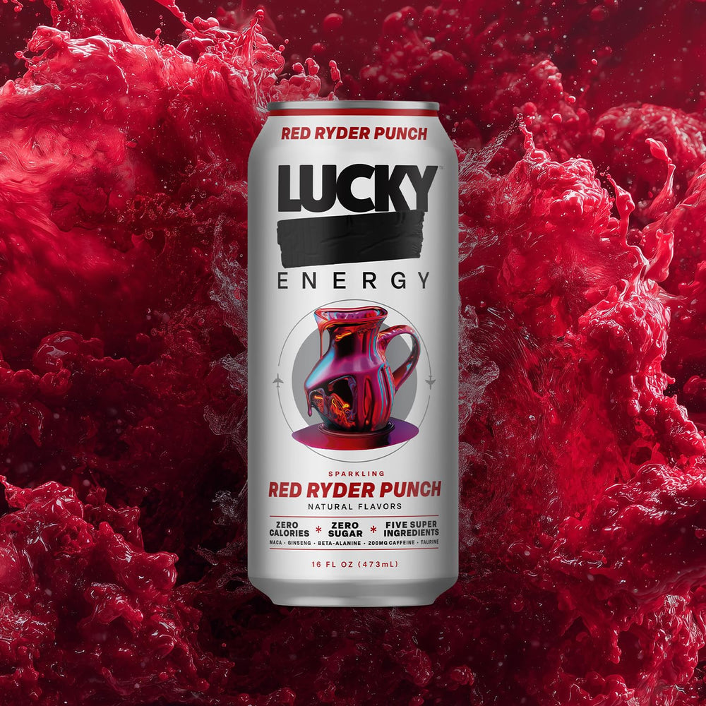 Lucky Energy Red Ryder Punch ingredients list highlights beta-alanine and taurine.