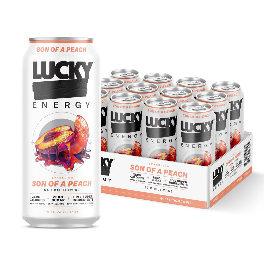 Lucky Energy Son of a Peach can front view with bold label and zero sugar energy.