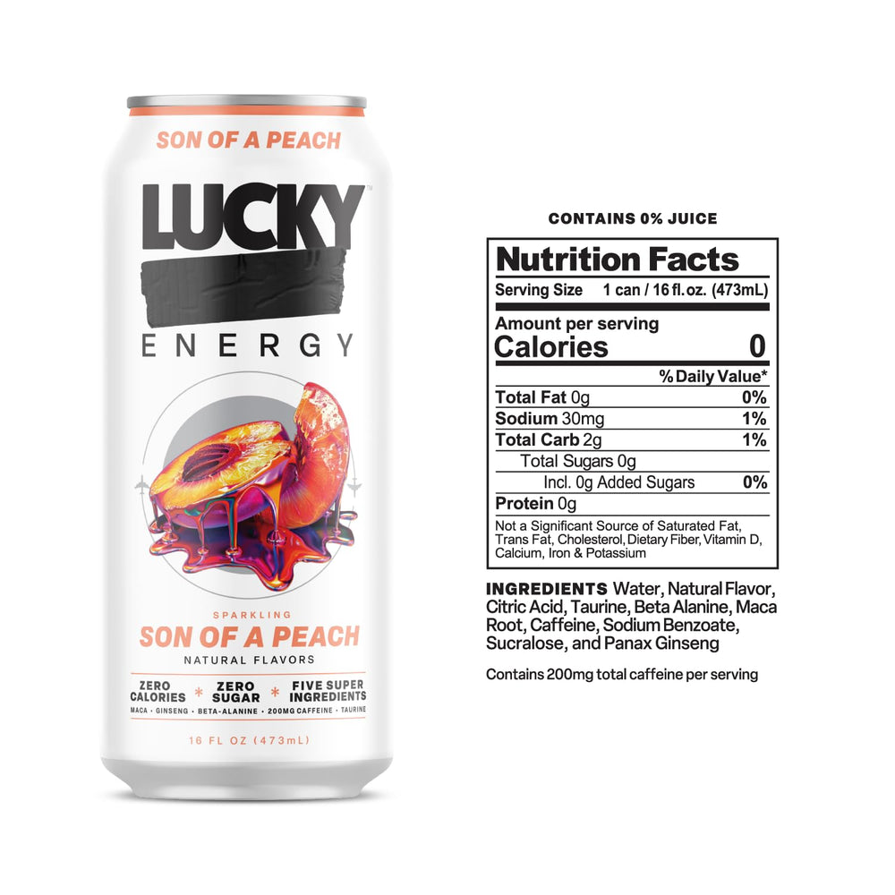 Lucky Energy Son of a Peach 12-pack visible on shelf for busy days.