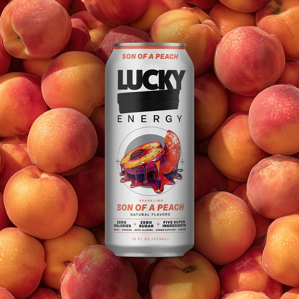 Lucky Energy Son of a Peach can with peach imagery signaling bold flavor.