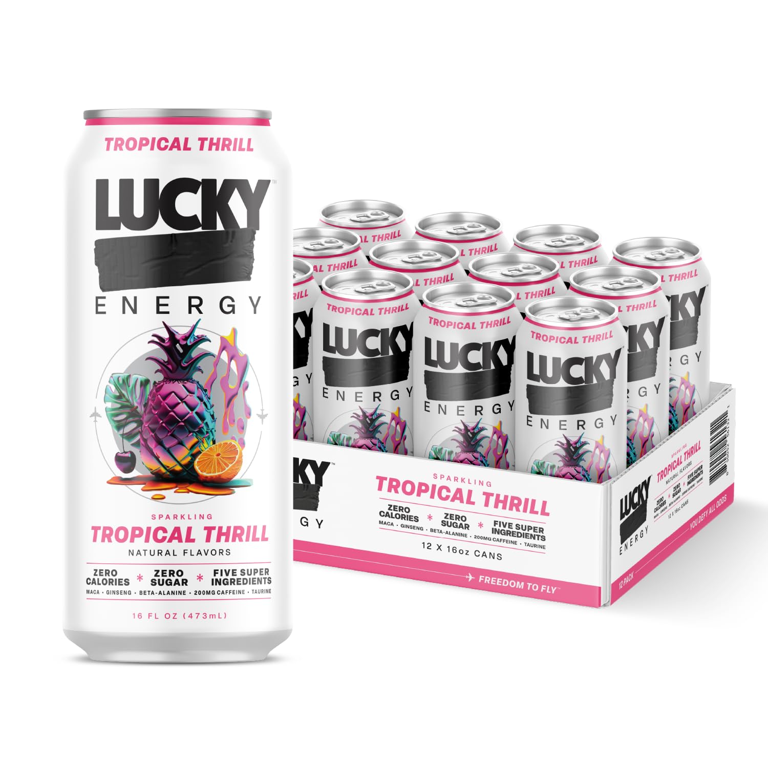 Lucky Energy Tropical Thrill 16oz can showing bold branding and sugar-free energy boost.