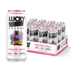 Lucky Energy Tropical Thrill 16oz can showing bold branding and sugar-free energy boost.