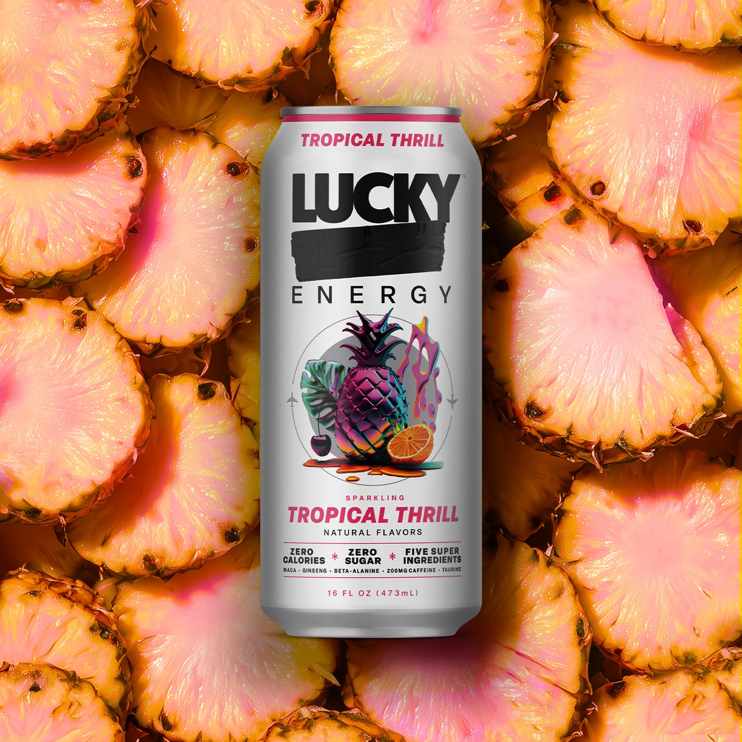 Lucky Energy Tropical Thrill ready for use during a gym workout for sustained focus.