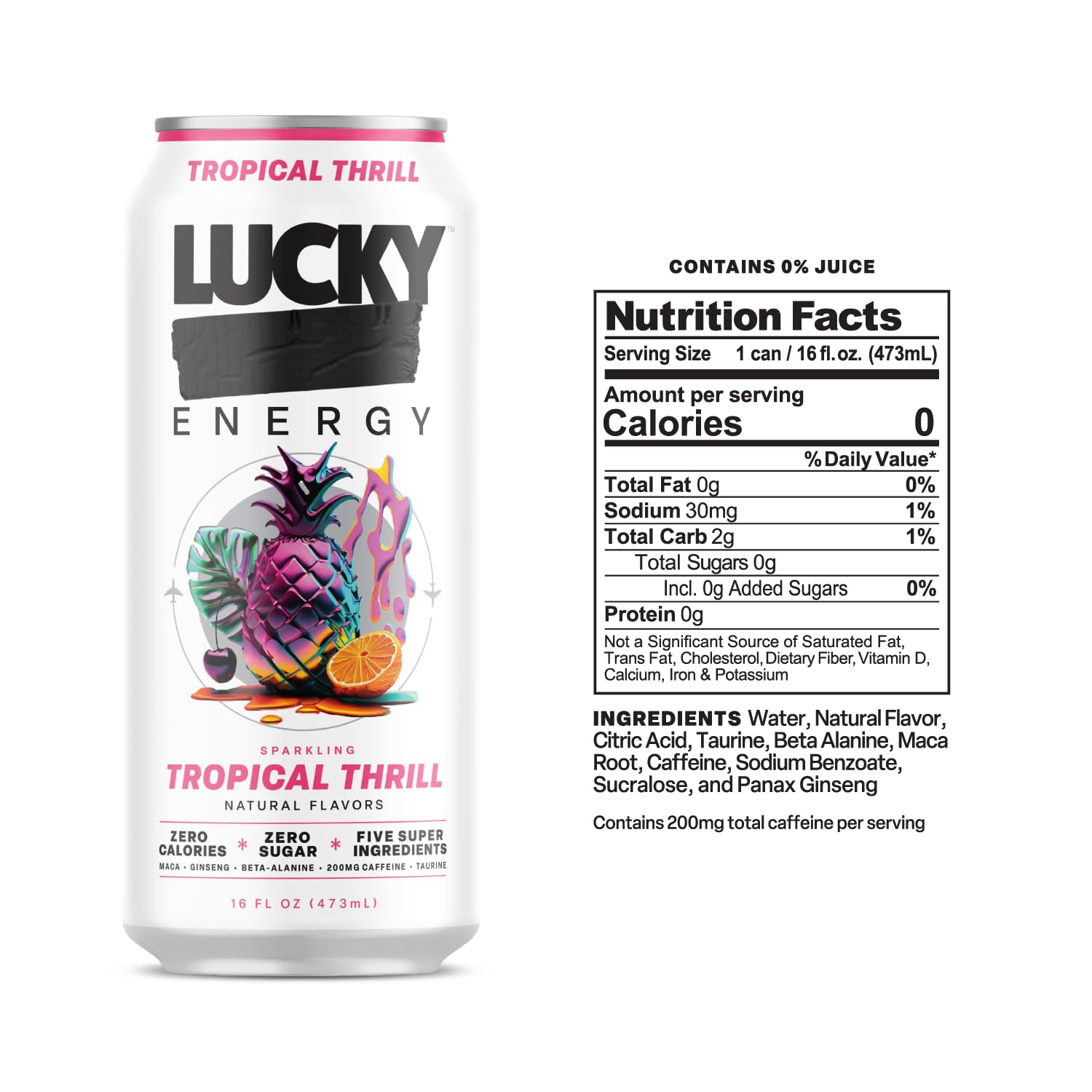 Closeup of Lucky Energy Tropical Thrill label highlighting clean energy ingredients.