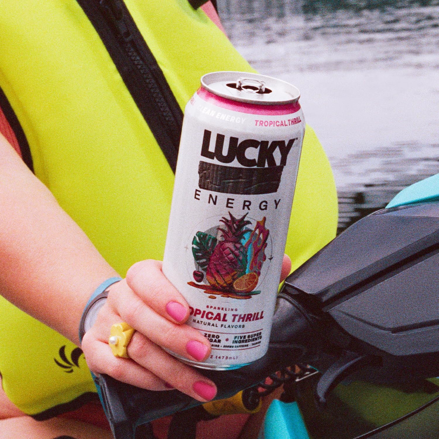 Lucky Energy Tropical Thrill served over ice for a refreshing post-workout drink.