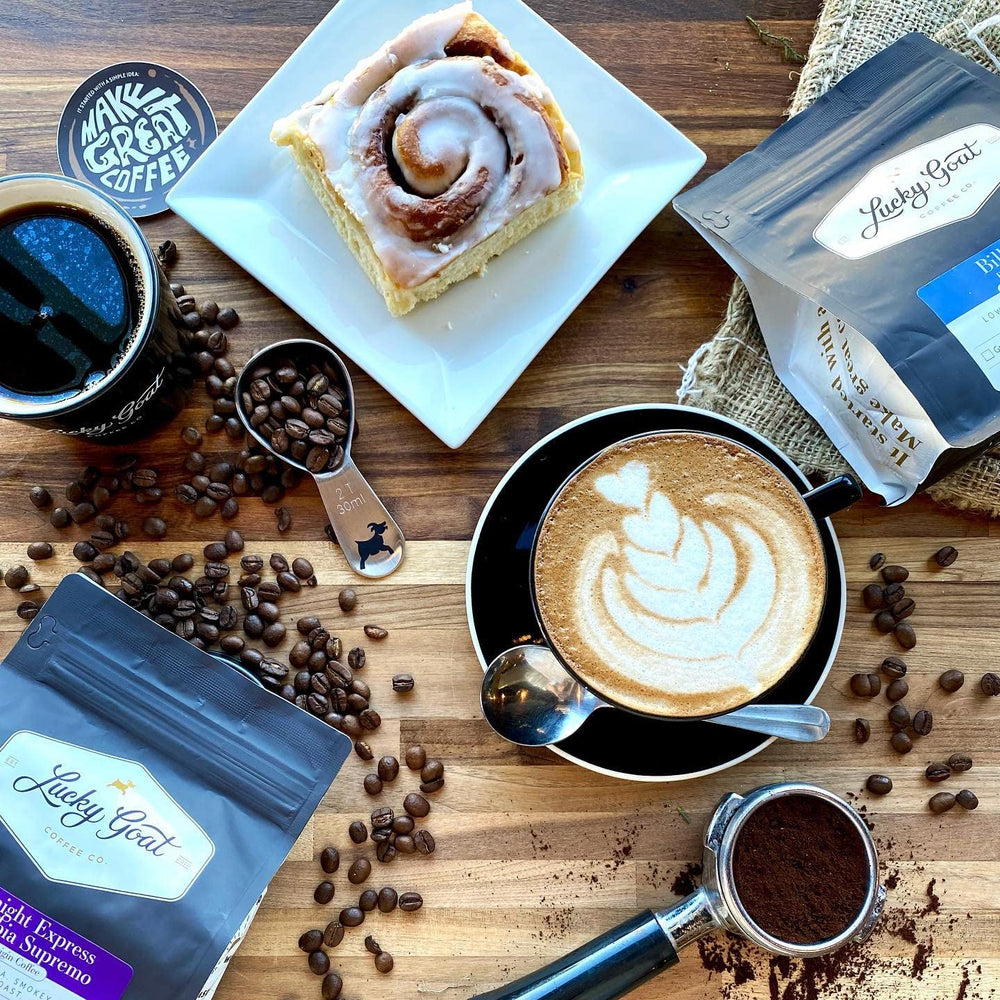 Lucky Goat flavored decaf coffee Southern Pecan delivers smooth, caffeine-free flavor