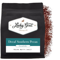 Lucky Goat Southern Pecan ground coffee in a 12oz bag with nutty aroma and depth