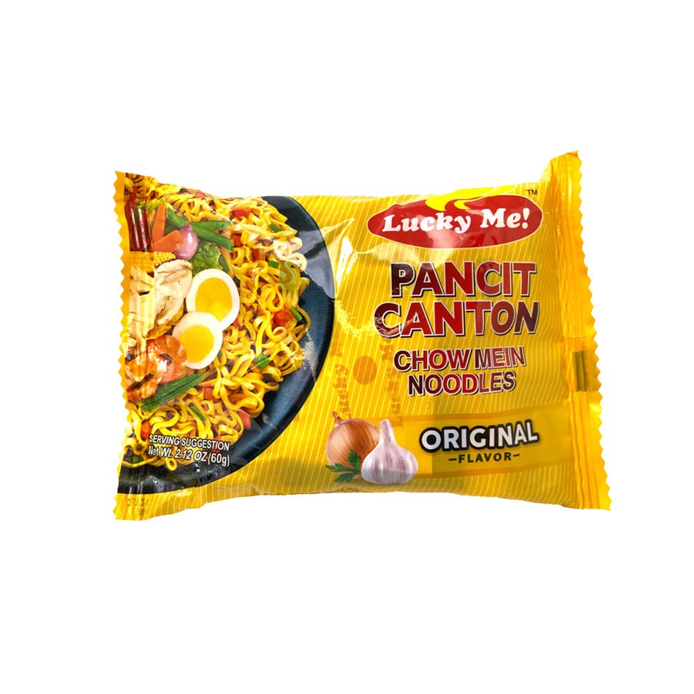 Lucky Me Pancit Canton Original noodles ready to eat, ideal for a quick comforting meal.