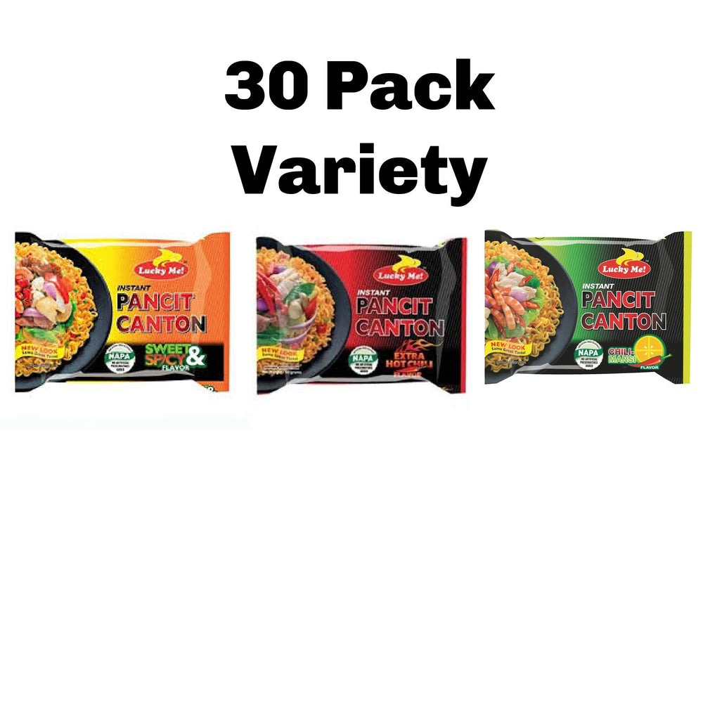 Lucky Me Pancit Canton pack-back with prep tips for quick meals.