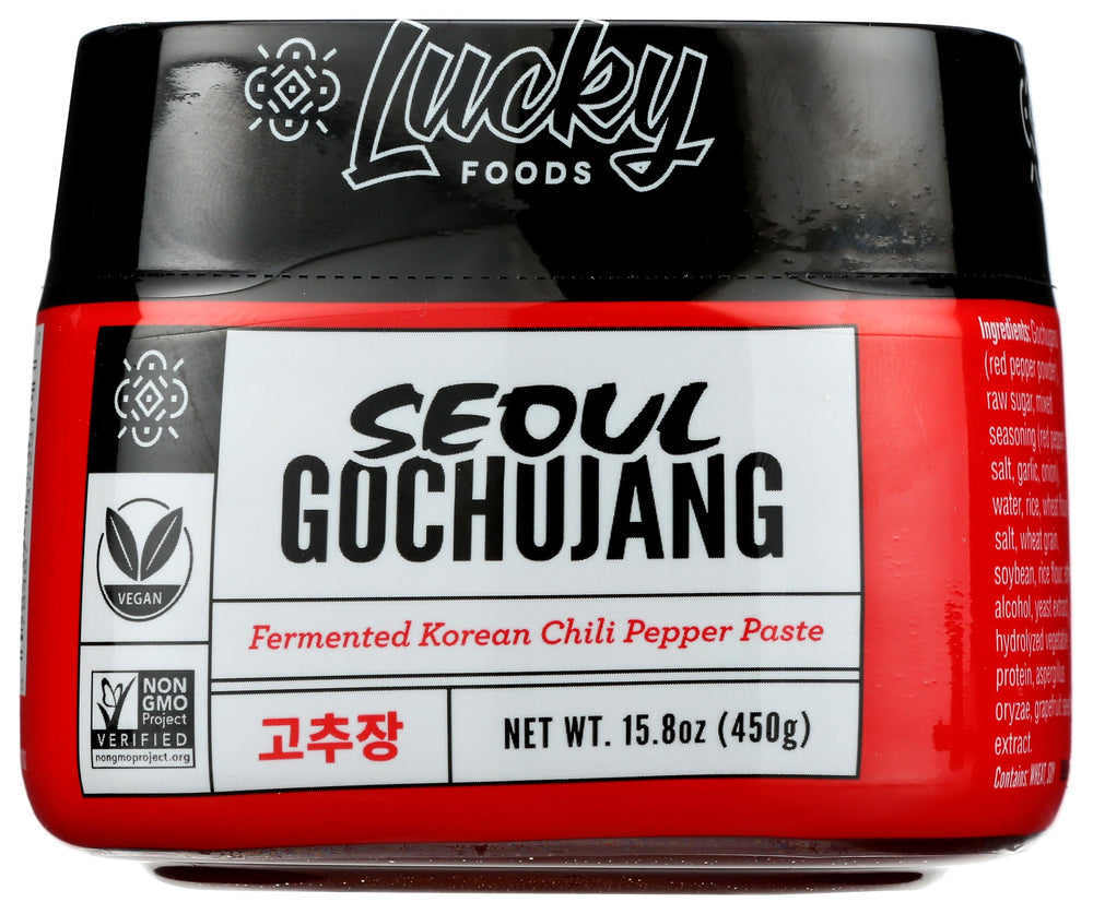 Lucky Seoul gochujang paste jar close-up, bold flavor for bowls.