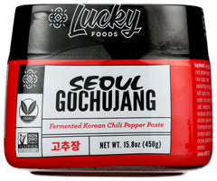 Lucky Seoul gochujang paste jar close-up, bold flavor for bowls.