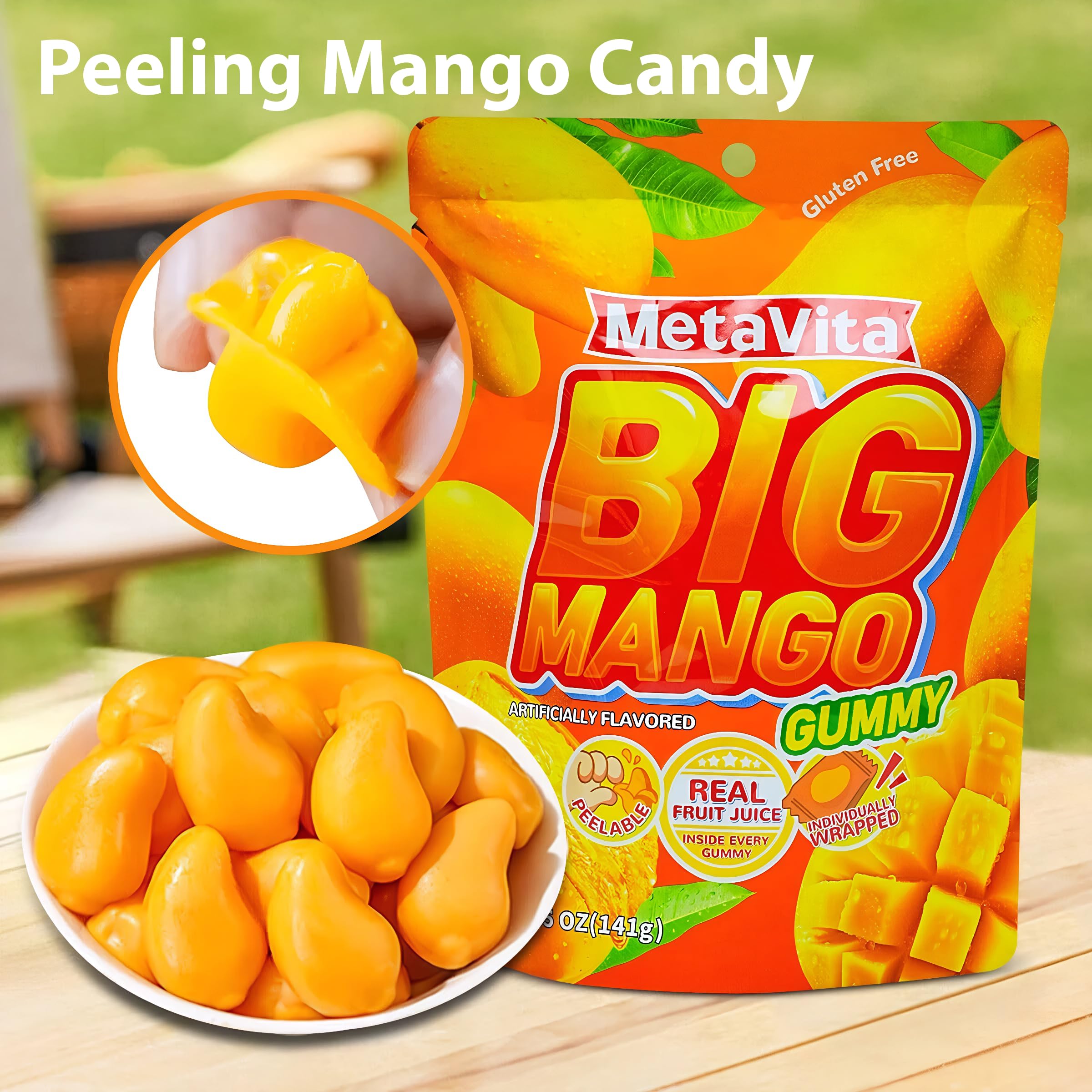 Kids’ lunchbox-friendly treat featuring bright mango color and peelable design.