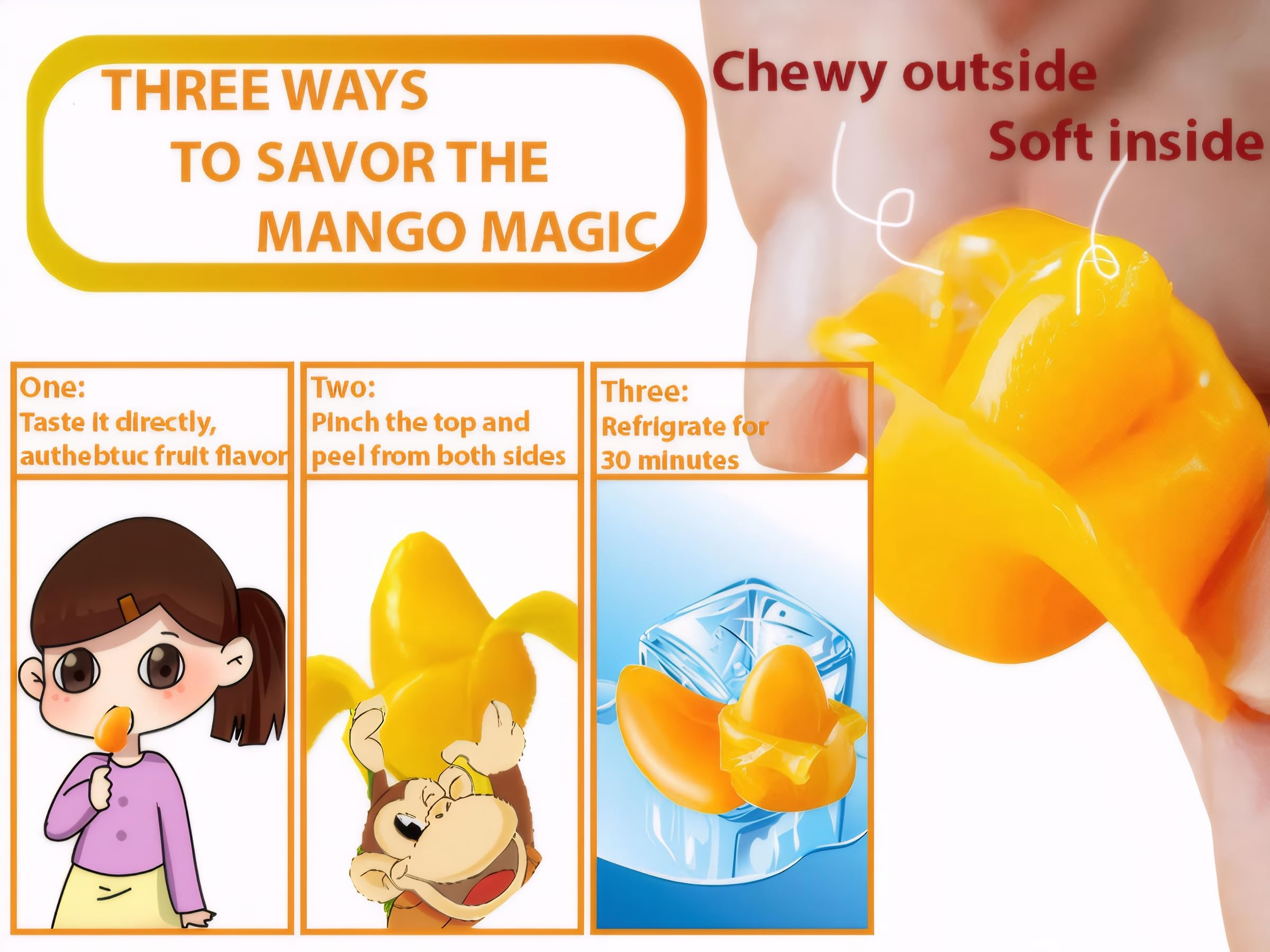 Close-up of real mango puree flavor with apple juice notes in MetaVita gummies.