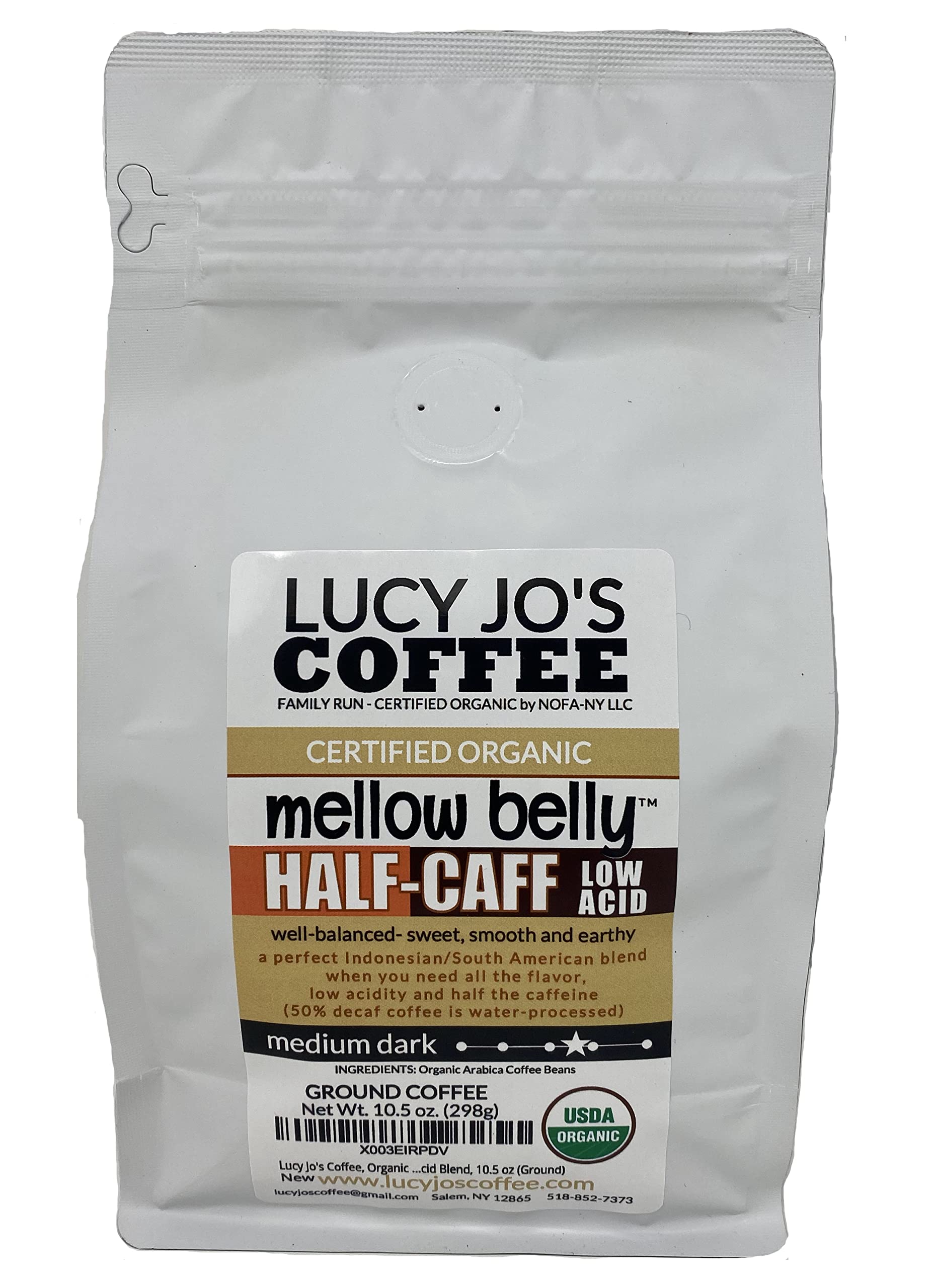 Lucy Jo's Coffee Mellow Belly Half-Caff Ground: smooth, low-acid flavor for balanced mornings