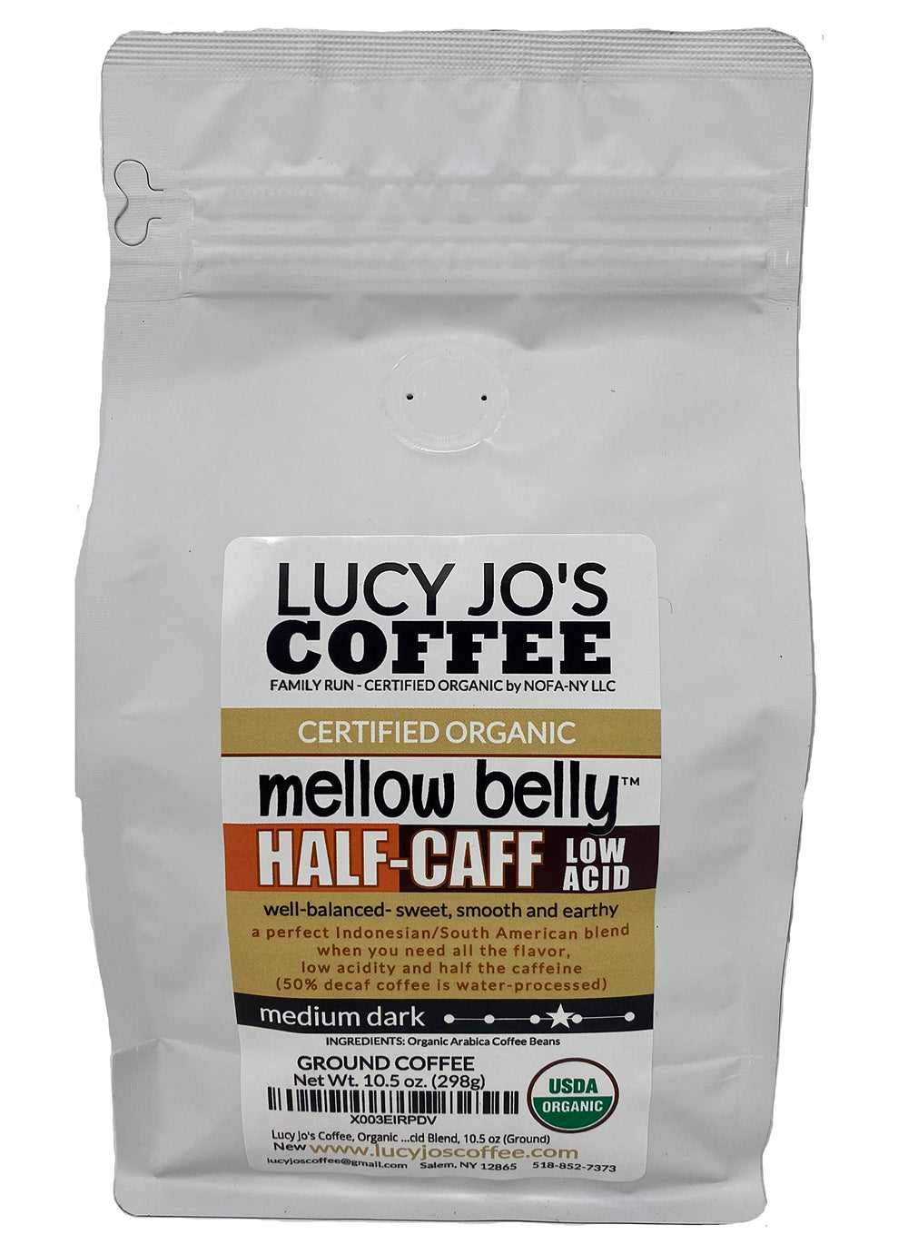 Lucy Jo's Coffee Mellow Belly Half-Caff Ground: smooth, low-acid flavor for balanced mornings