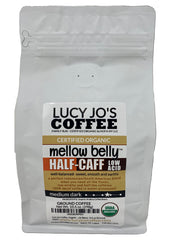 Lucy Jo's Coffee Mellow Belly Half-Caff Ground: smooth, low-acid flavor for balanced mornings