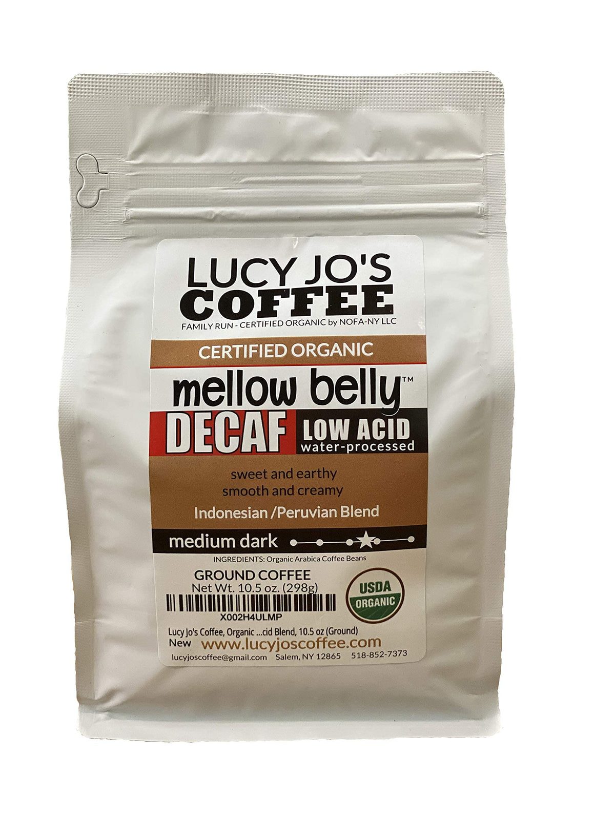 Lucy Jo's Coffee Decaf Mellow Belly Ground—low acid and smooth
