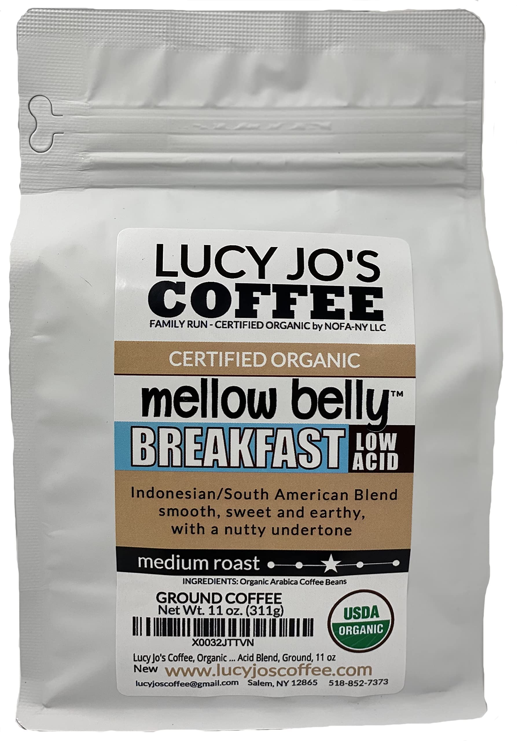 Lucy Jo's Coffee Mellow Belly Breakfast bag – low-acid blend for smooth, easy mornings.