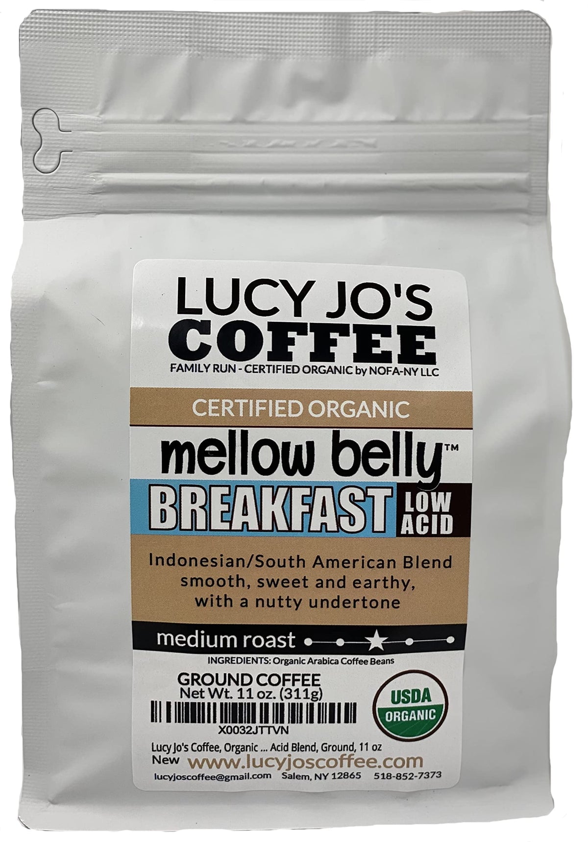 Lucy Jo's Coffee Mellow Belly Breakfast bag – low-acid blend for smooth, easy mornings.
