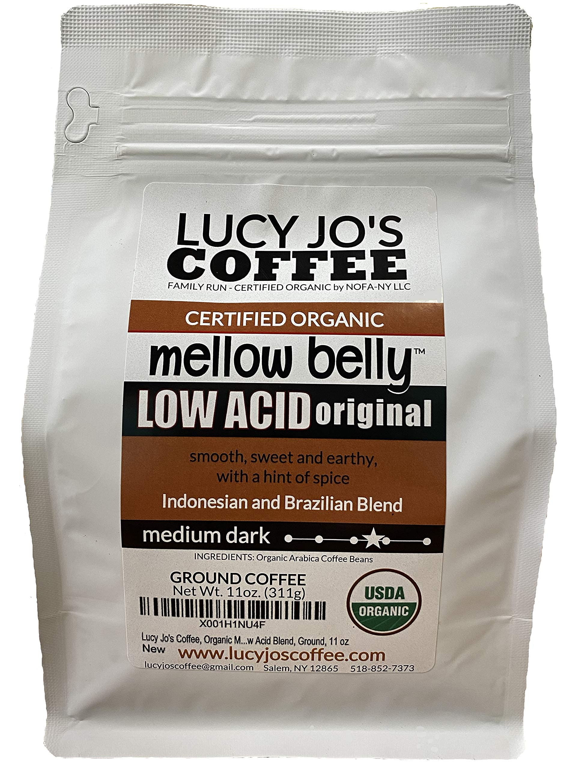 Lucy Jo's Mellow Belly ground coffee in 11 oz bag, smooth low-acid daily brew