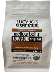 Lucy Jo's Mellow Belly ground coffee in 11 oz bag, smooth low-acid daily brew