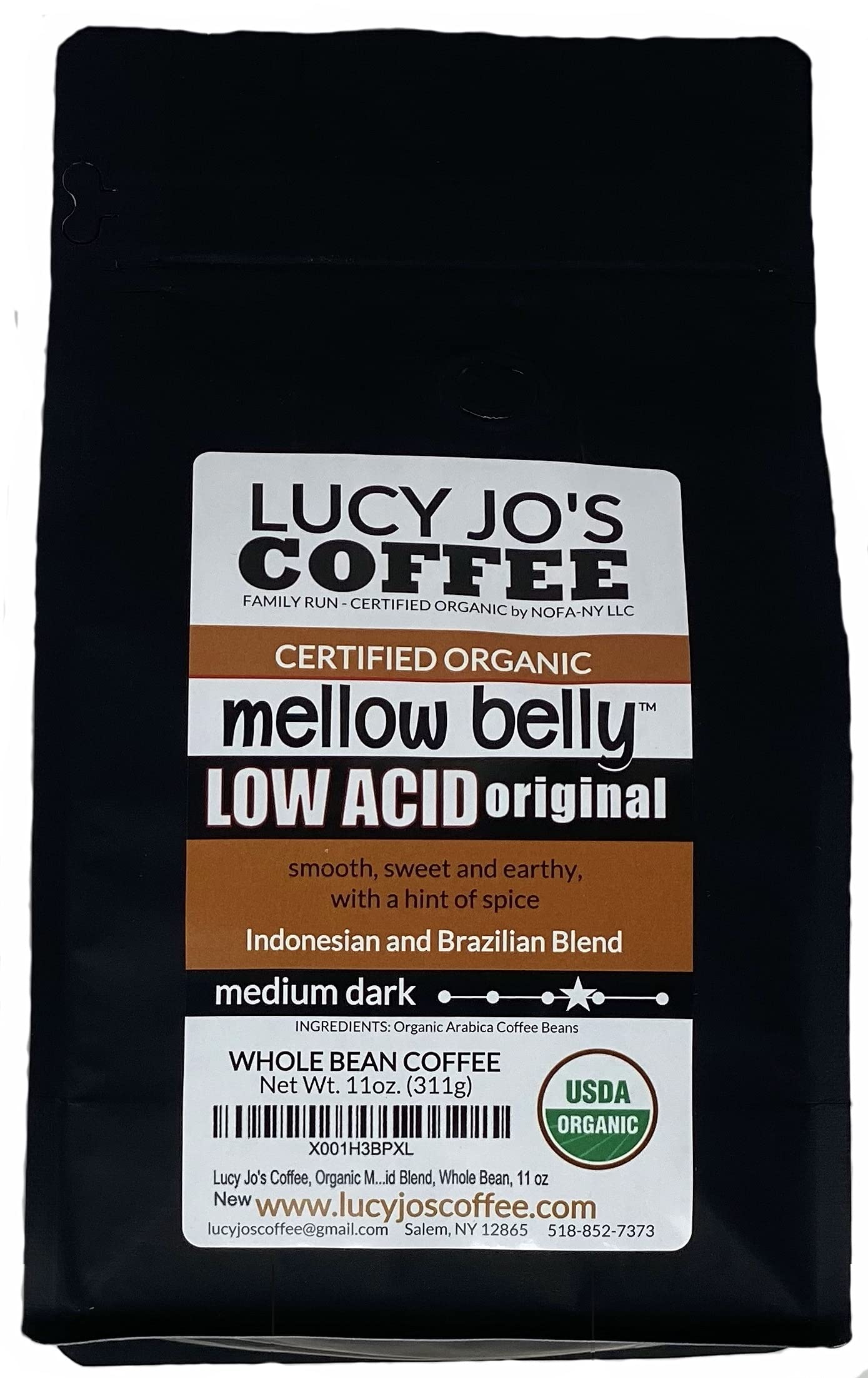 Lucy Jo's Coffee Mellow Belly low-acid bag, smooth and gentle on the stomach