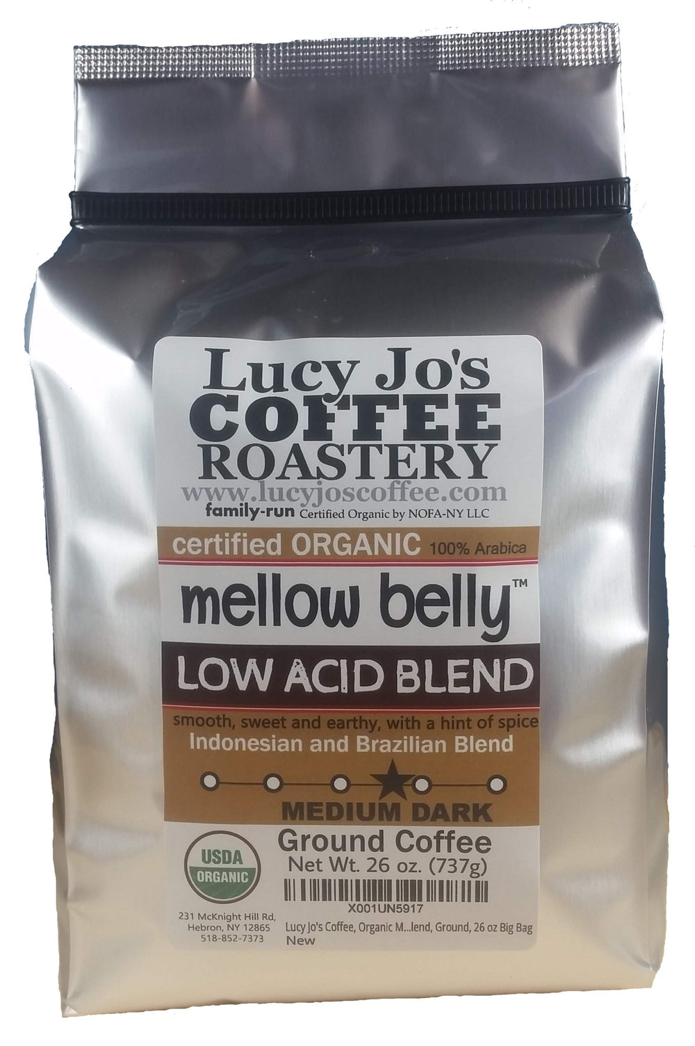 Lucy Jo's Coffee Mellow Belly Low Acid ground coffee for easy mornings with a smooth profile