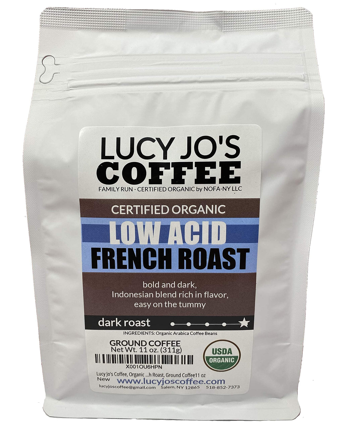 Lucy Jo's Coffee Organic Low Acid French Roast ground coffee in a bag, smooth for easy mornings.