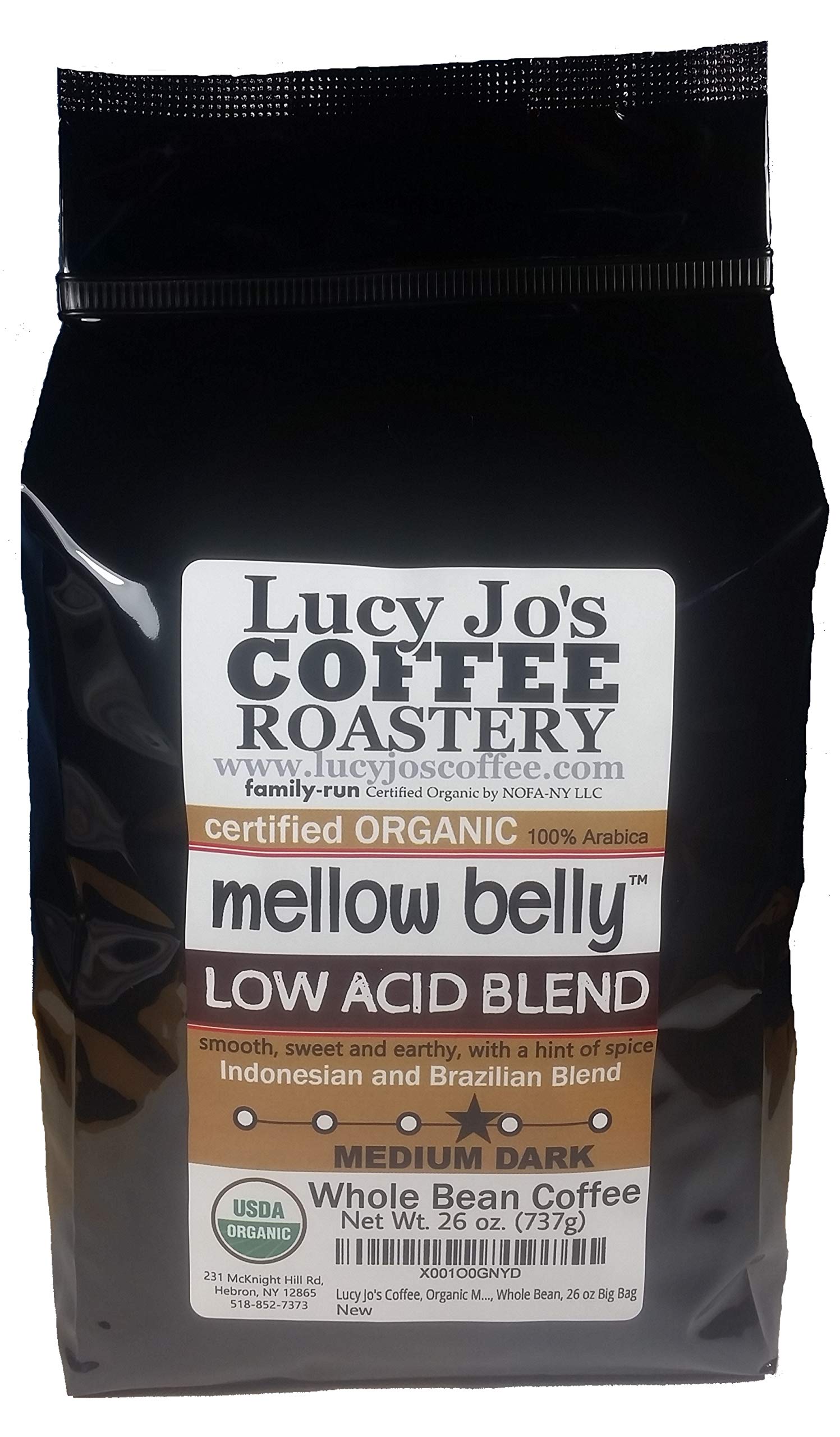 Lucy Jo's Organic Mellow Belly Low Acid bag offers a gentle morning brew