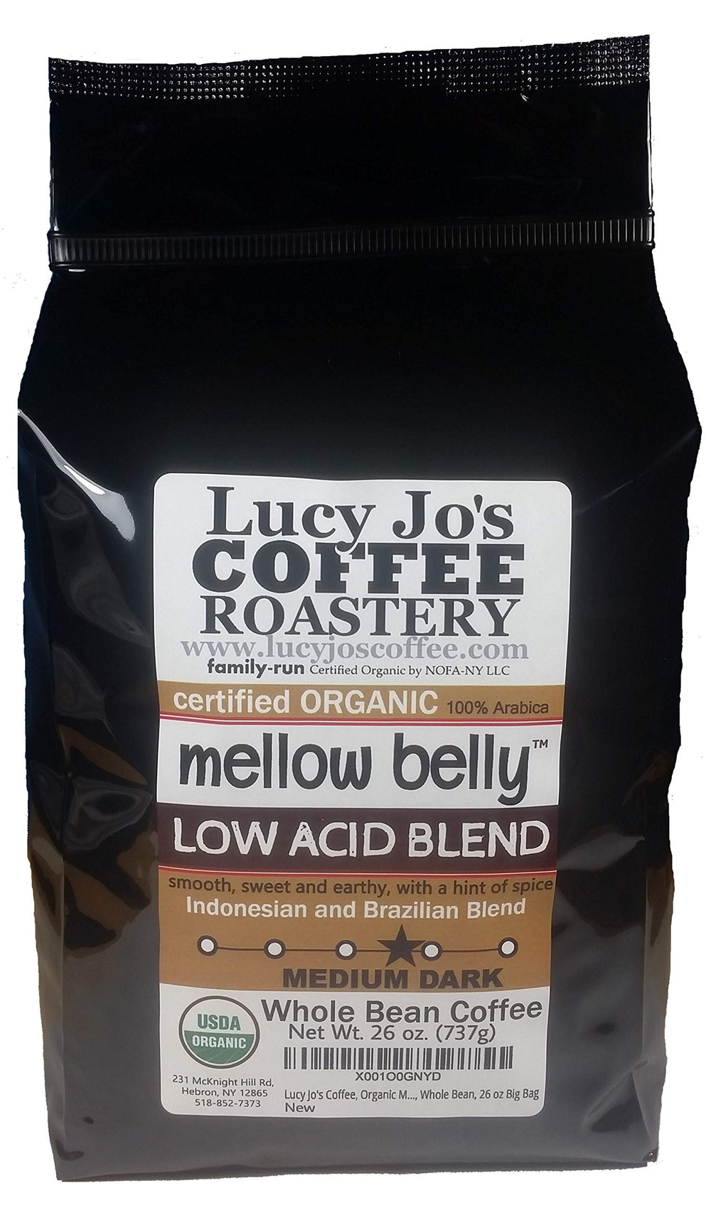 Lucy Jo's Organic Mellow Belly Low Acid bag offers a gentle morning brew