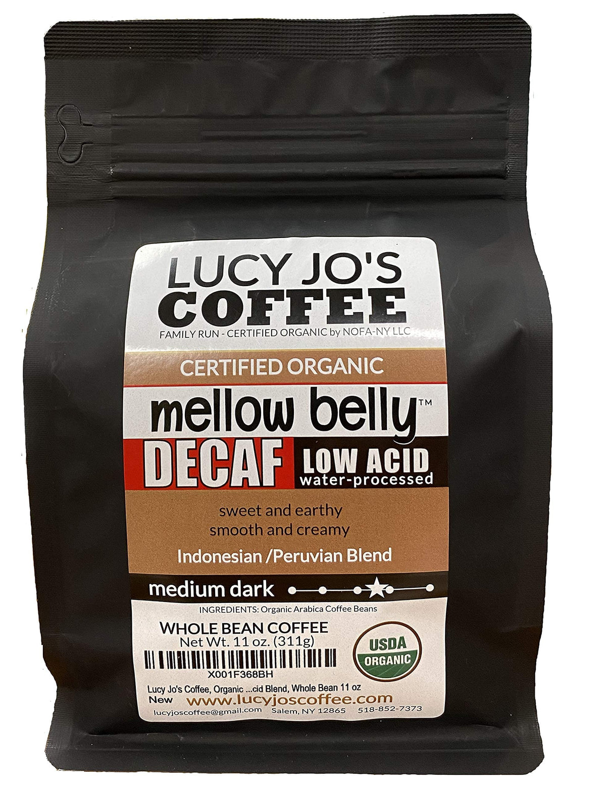 Lucy Jo's Organic Decaf Mellow Belly Whole Bean, smooth low-acid flavor for gentle mornings.