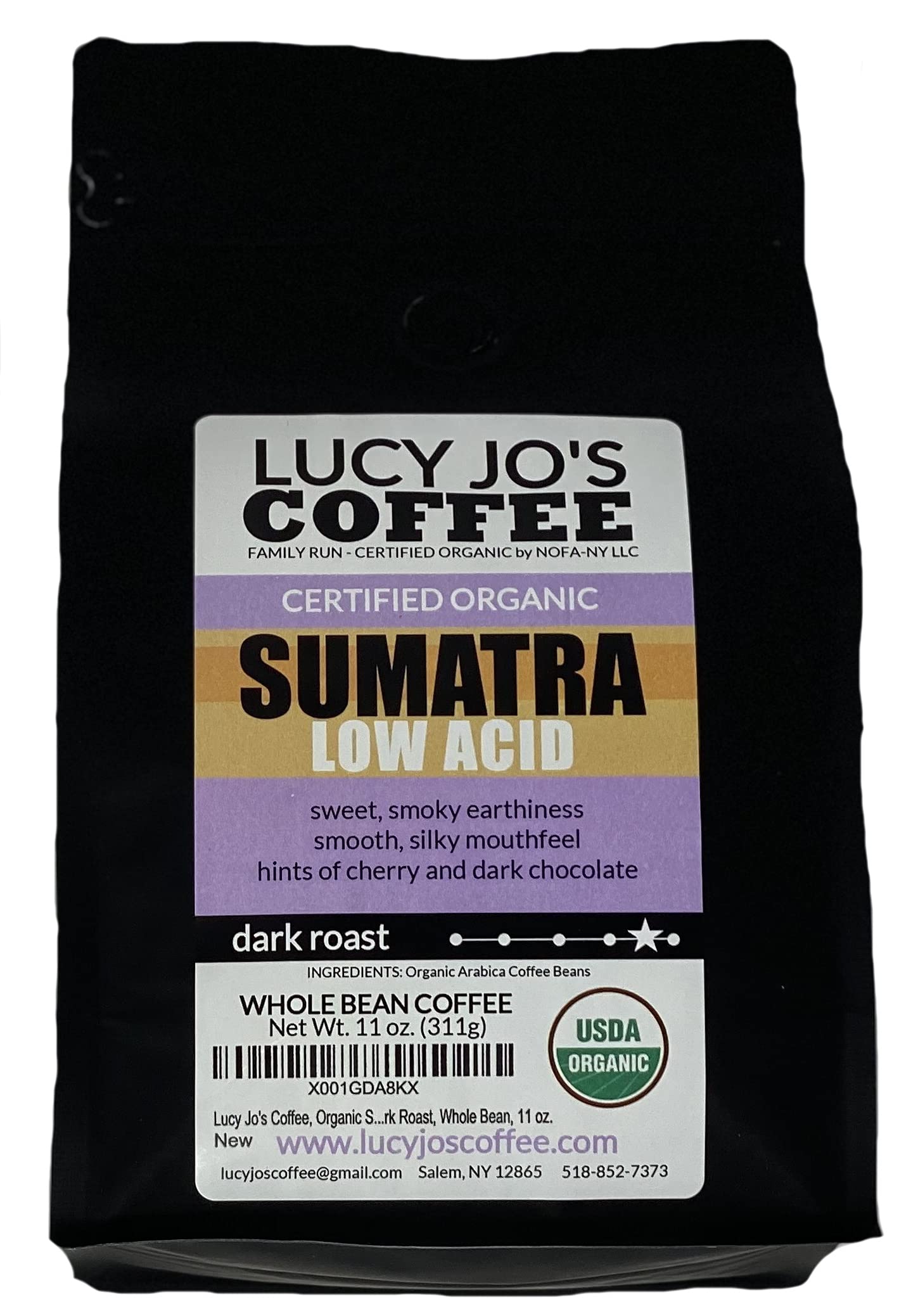 Lucy Jo's Coffee Sumatra Dark Roast highlights low acidity for easy drinking
