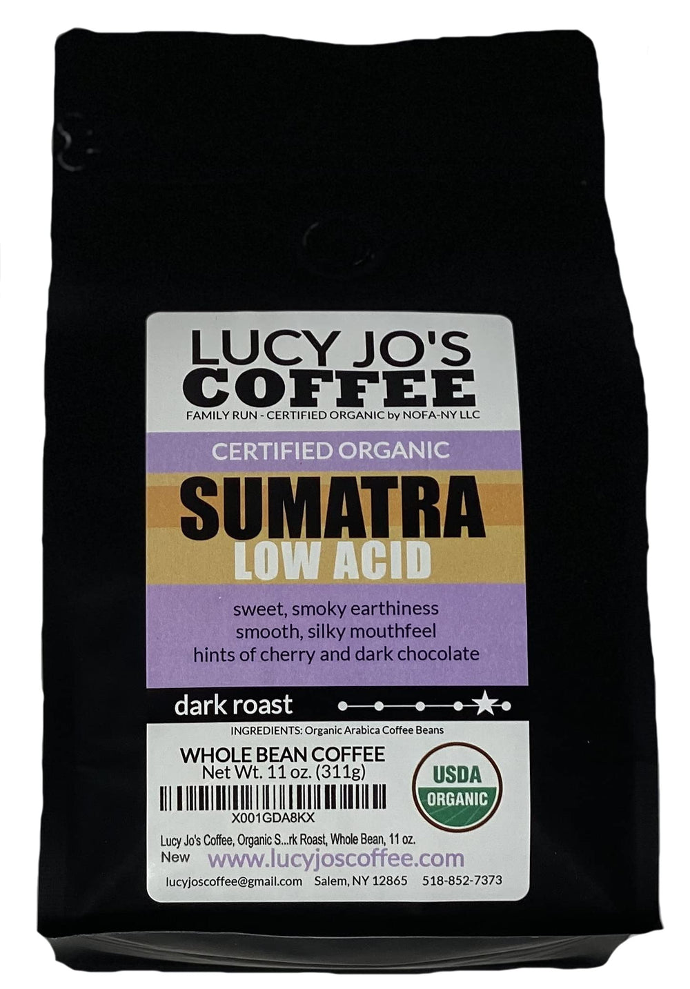 Lucy Jo's Coffee Sumatra Dark Roast highlights low acidity for easy drinking